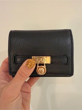 Michael Kors Black Leather Card Wallet with Gold Zip Pull